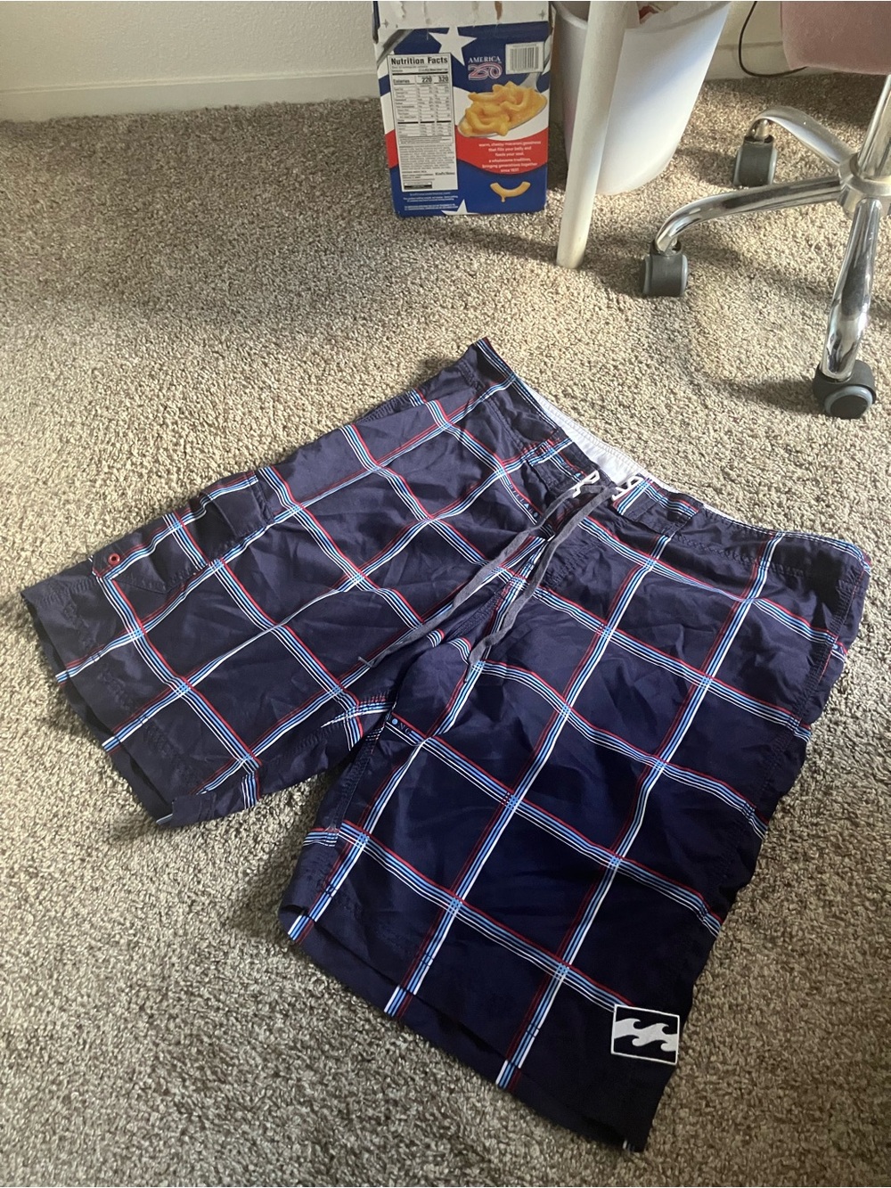 Billabong Men's Navy Plaid Boardshorts with Red & Light Blue Stripes